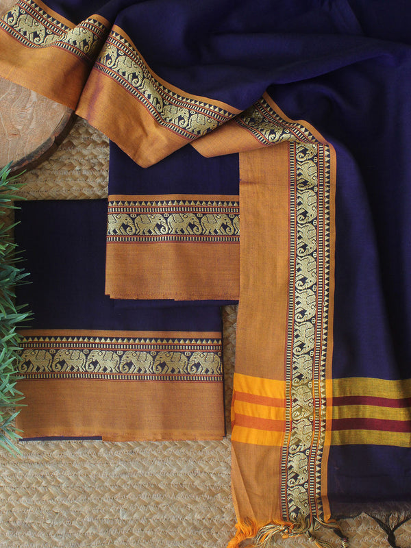 Purple Dharwad Cotton Dress Material With Elephant Borders