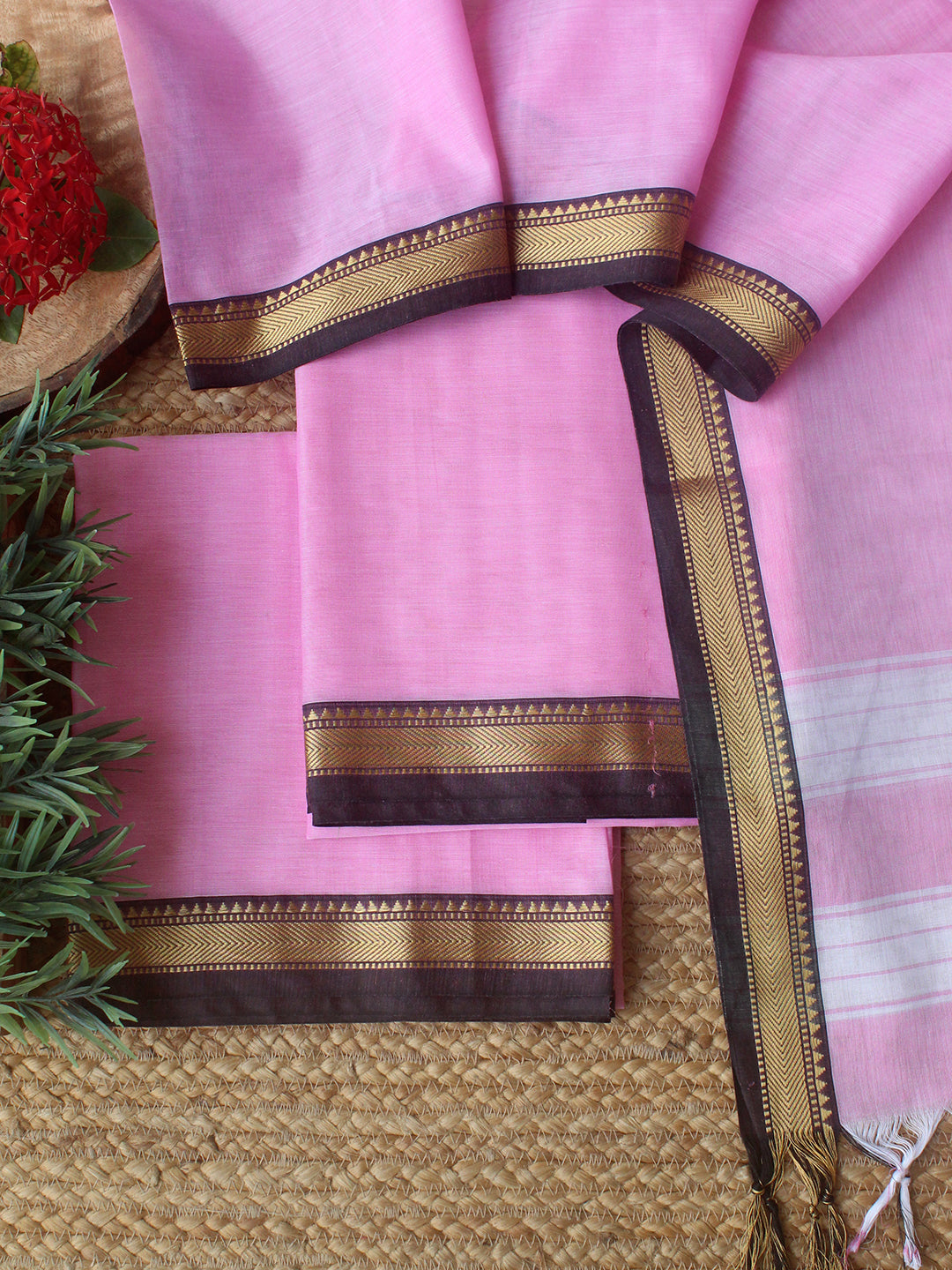 Pink Dharwad Cotton Dress Material With Woven Border – Weaves of Tradition