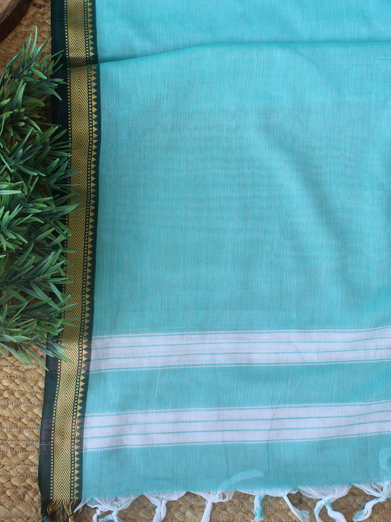 Sea Green Dharwad Cotton Dress Material With Woven Borders