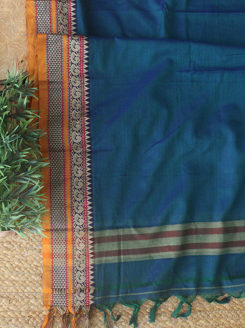 Blue Dharwad Cotton Dress Material With Woven Borders