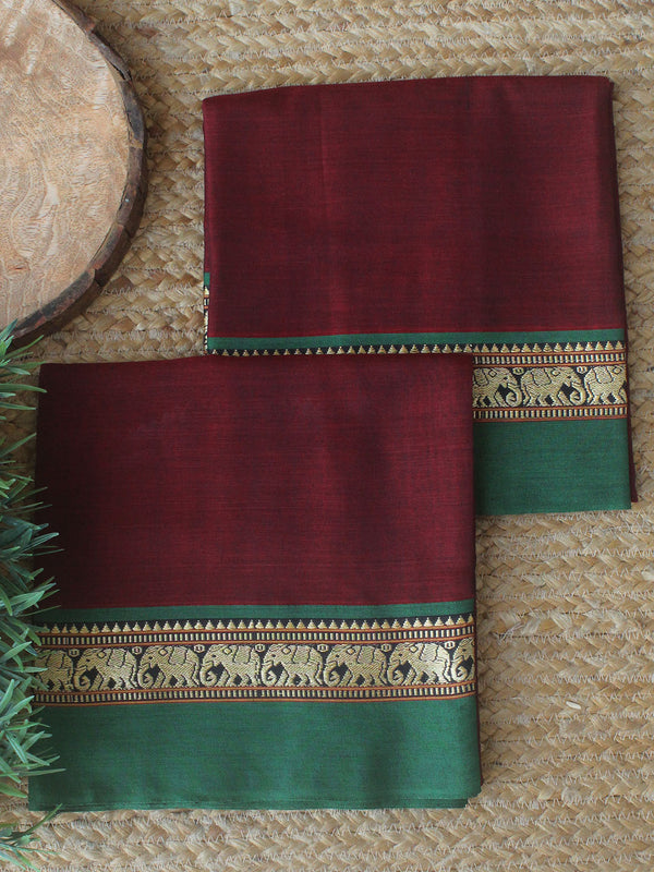 Maroon Dharwad Cotton Dress Material With Elephant Borders