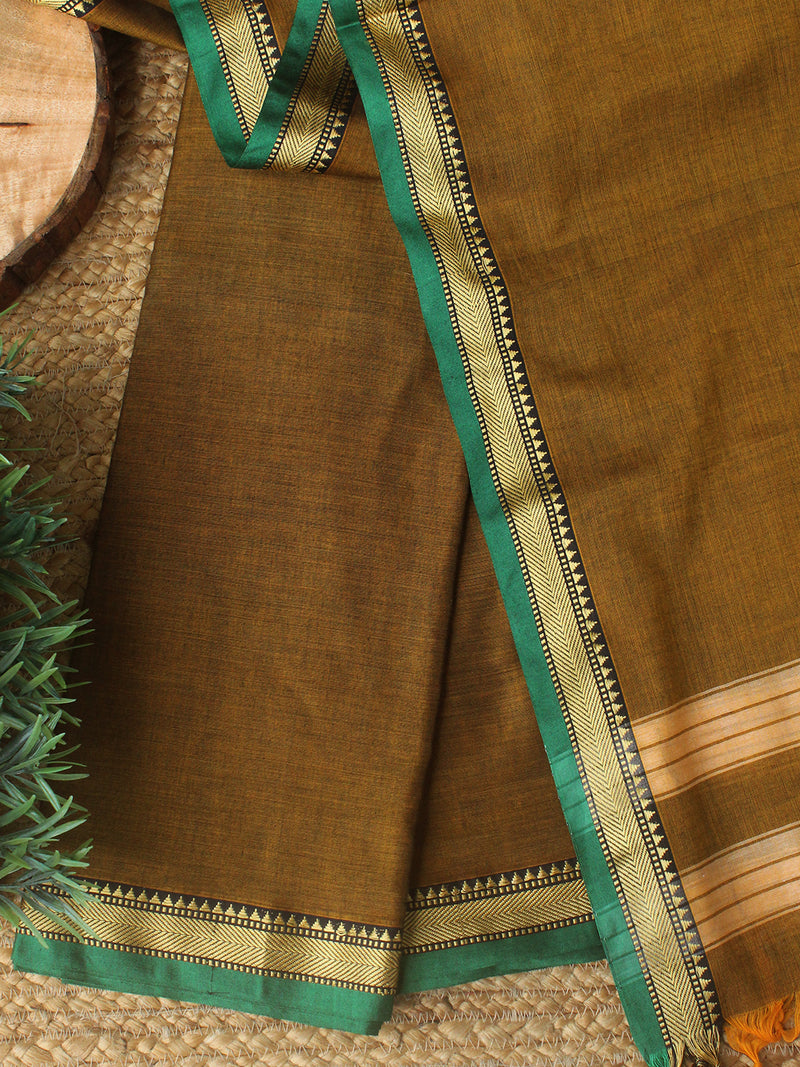 Mustard Brown Dharwad Cotton Dress Material With Woven Borders