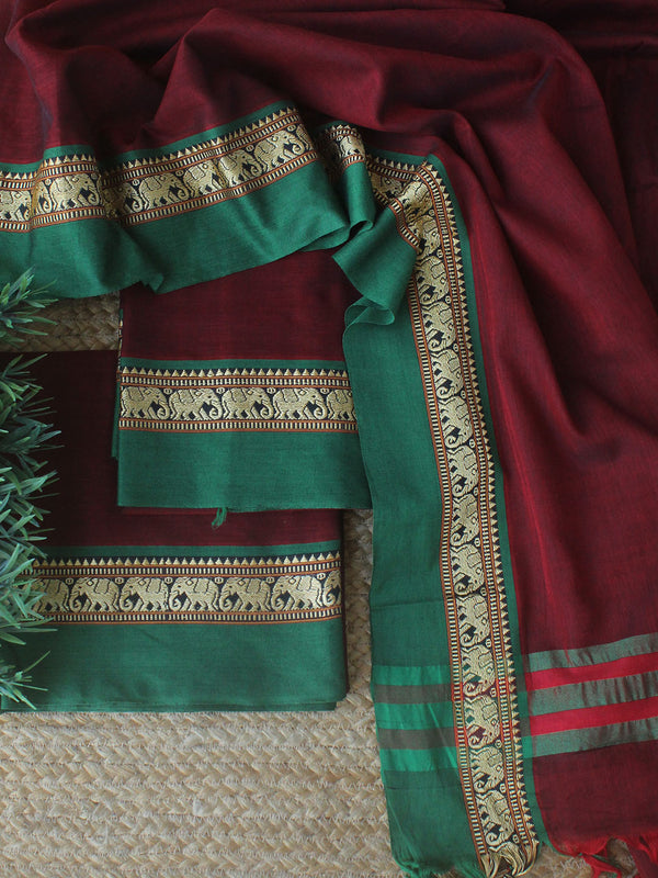 Maroon Dharwad Cotton Dress Material With Elephant Borders