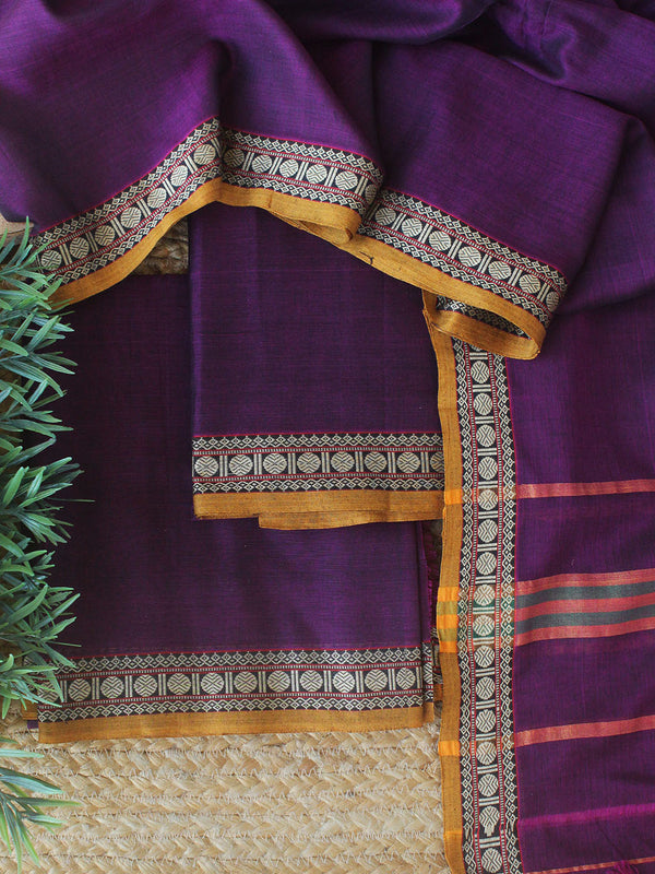 Purple Dharwad Cotton Dress Material With Woven Border