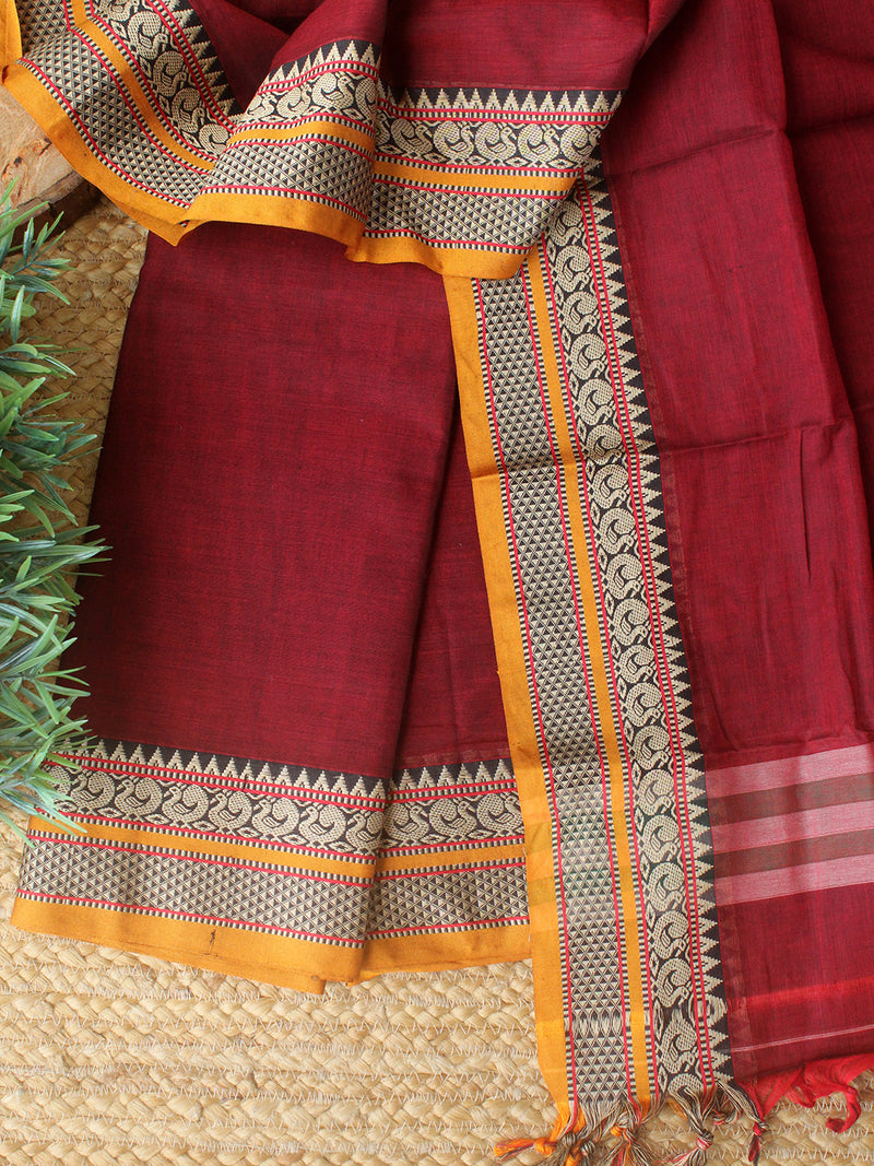 Maroon Dharwad Cotton Dress Material With Woven Borders