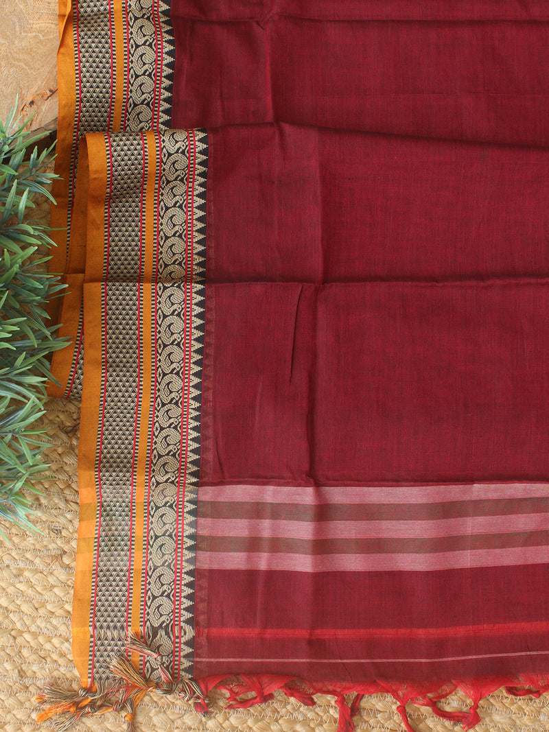 Maroon Dharwad Cotton Dress Material With Woven Borders