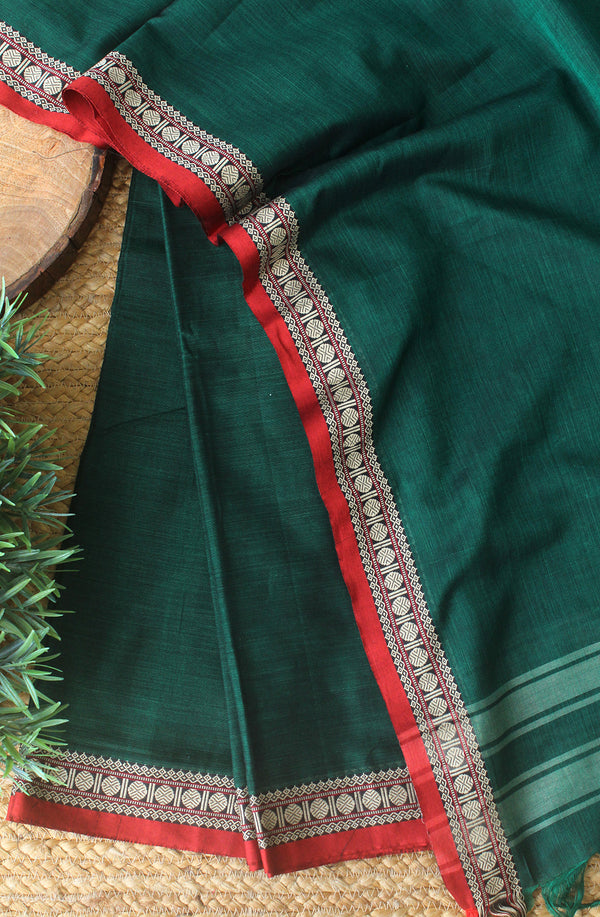 Green Dharwad Cotton Dress Material With Woven Borders