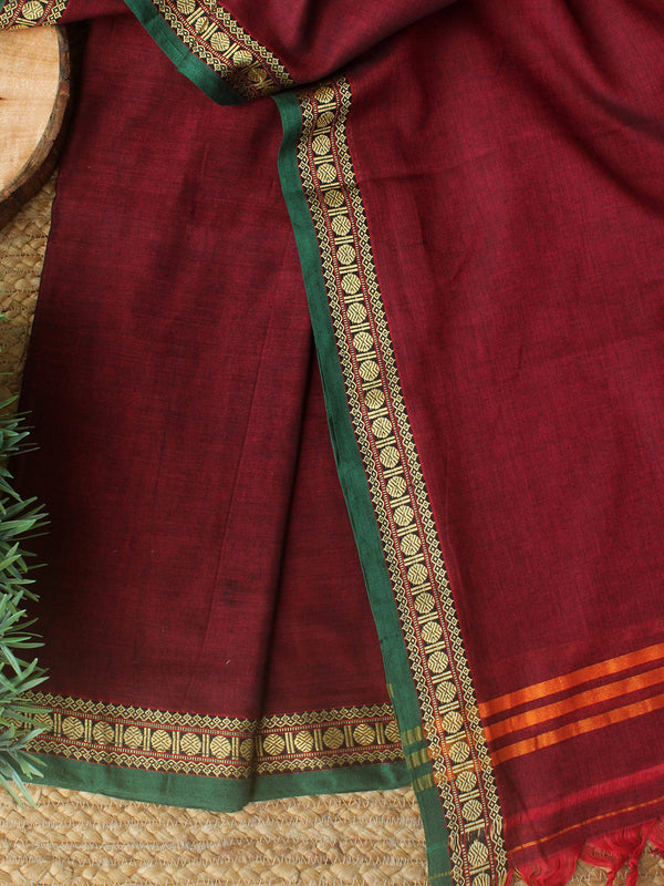 Maroon Dharwad Cotton Dress Material With Woven Borders