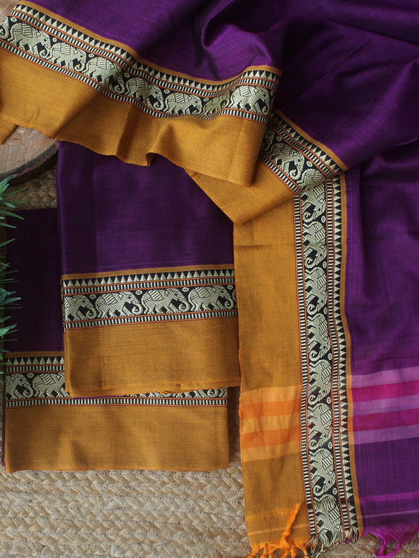 Purple Dharwad Cotton Dress Material With Elephant Borders