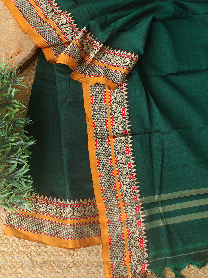 Green Dharwad Cotton Dress Material With Woven Borders