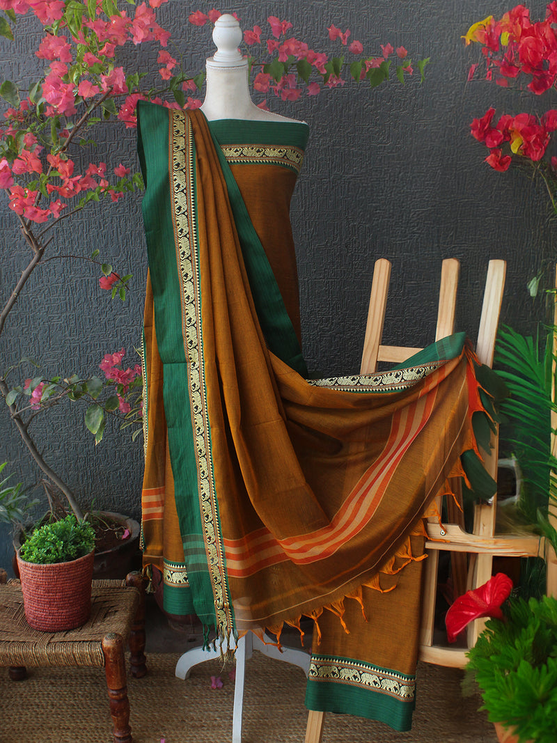 Mustard Dharwad Cotton Dress Material With Elephant Borders