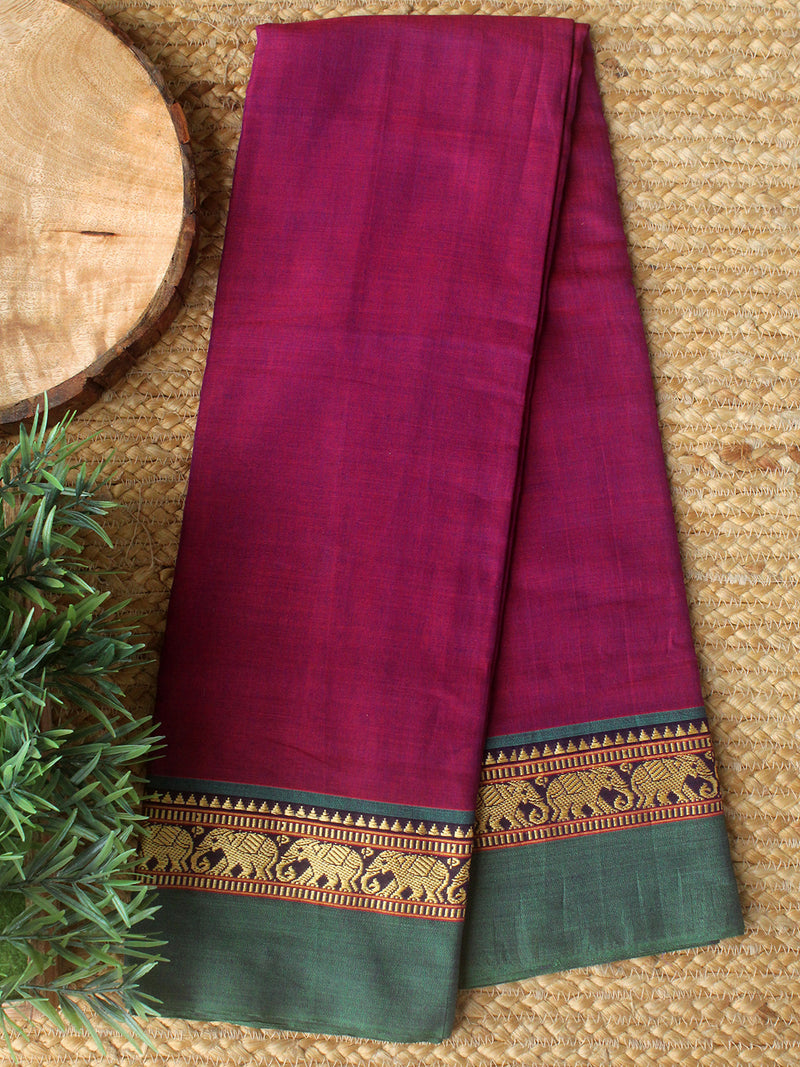 Magenta Dharwad Cotton Dress Material With Elephant Borders