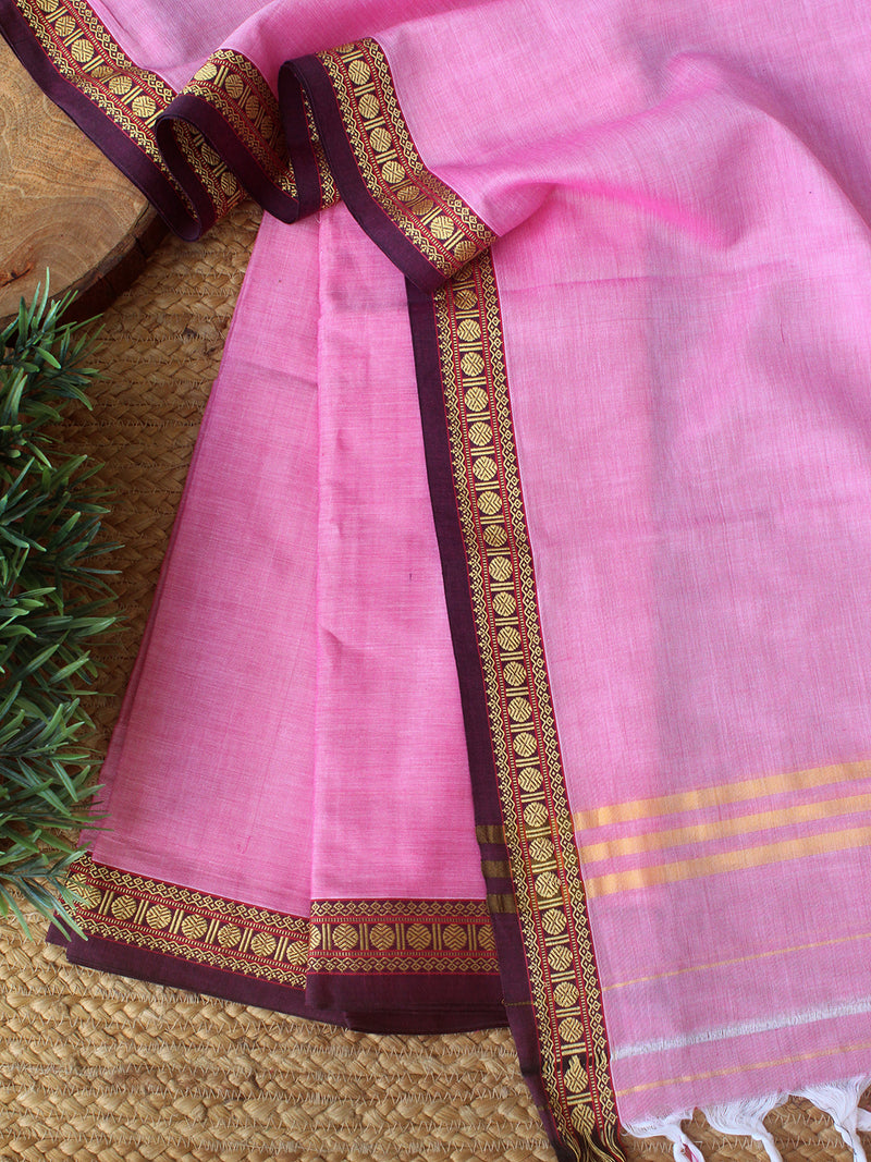Pink Dharwad Cotton Dress Material With Woven Borders
