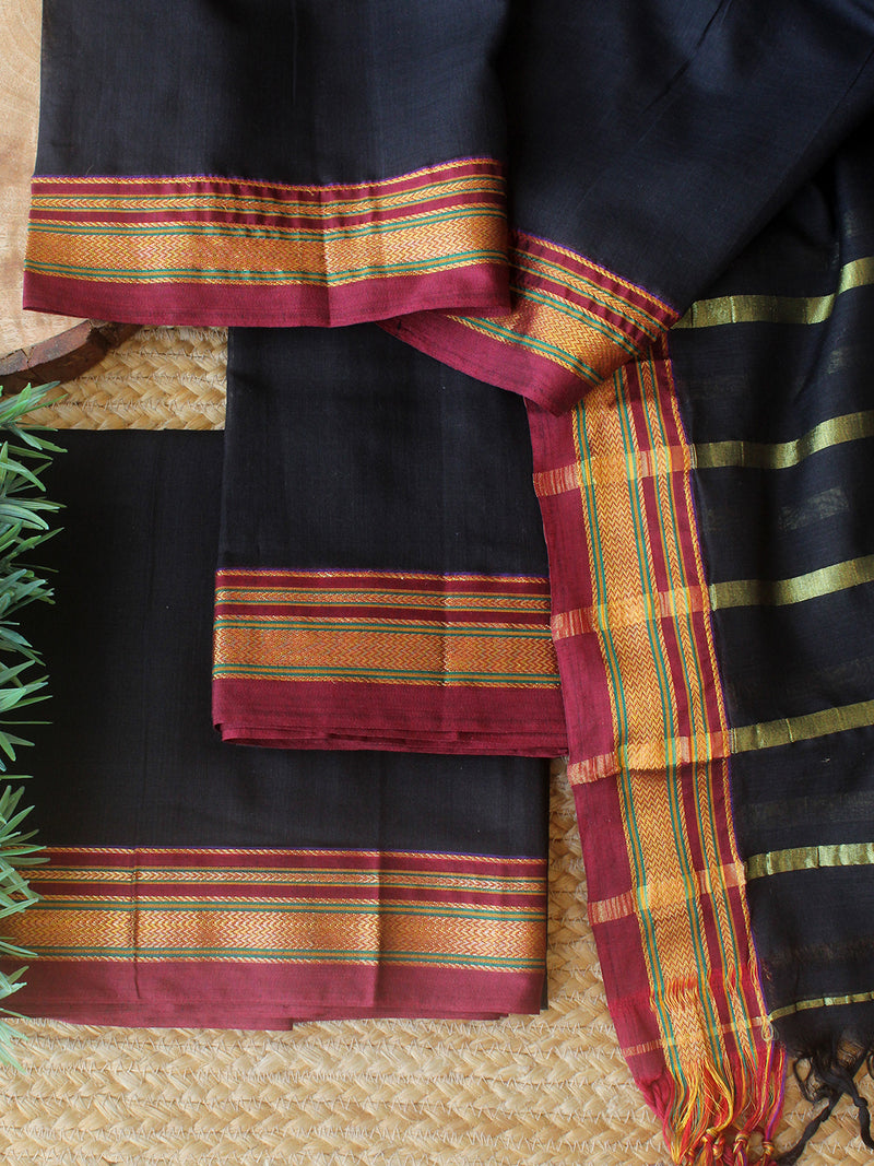 Black Dharwad Cotton Dress Material With Woven Zari Border – Weaves of Tradition