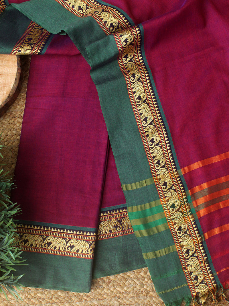 Magenta Dharwad Cotton Dress Material With Elephant Borders