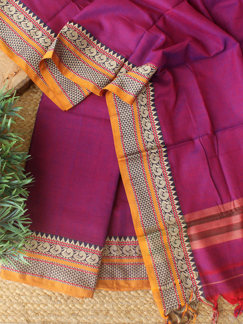 Magenta Dharwad Cotton Dress Material With Woven Borders