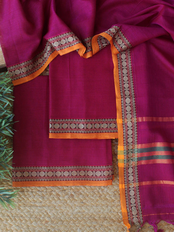 Magenta Dharwad Cotton Dress Material With Woven Border