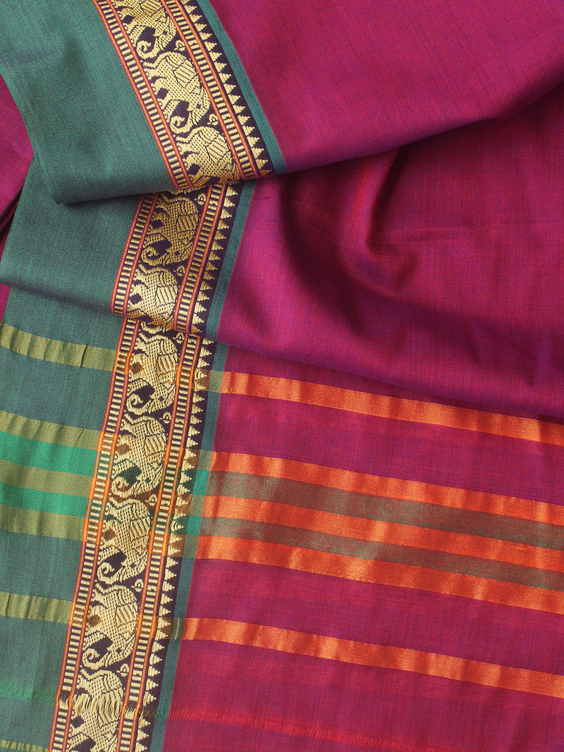 Magenta Dharwad Cotton Dress Material With Elephant Borders