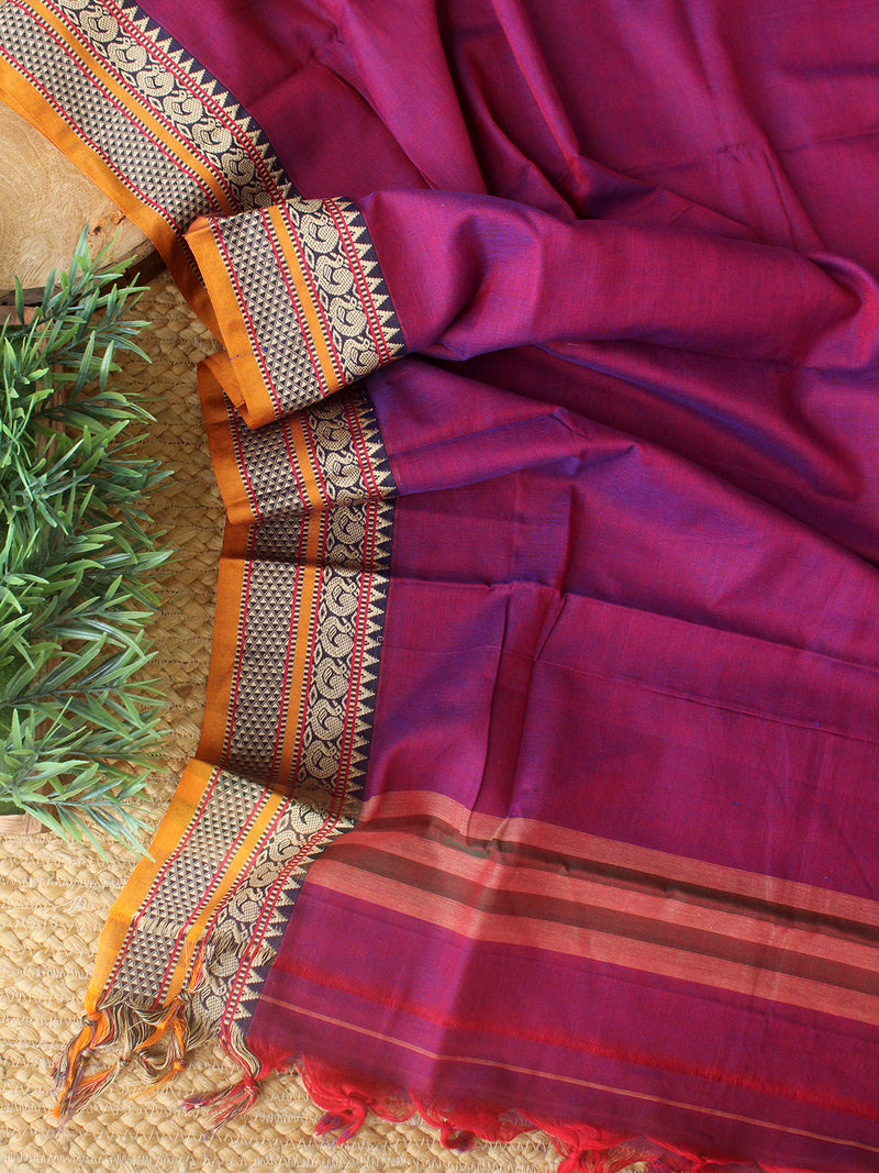 Magenta Dharwad Cotton Dress Material With Woven Borders