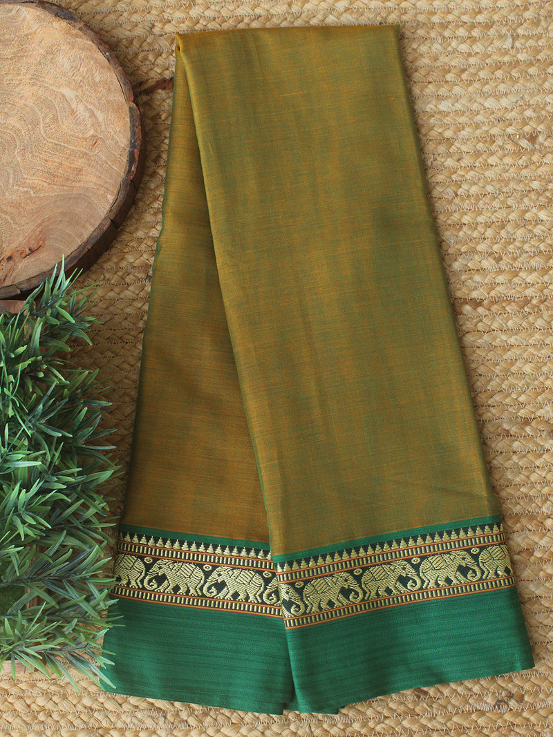 Green and Mustard Dharwad Cotton Dress Material With Elephant Border