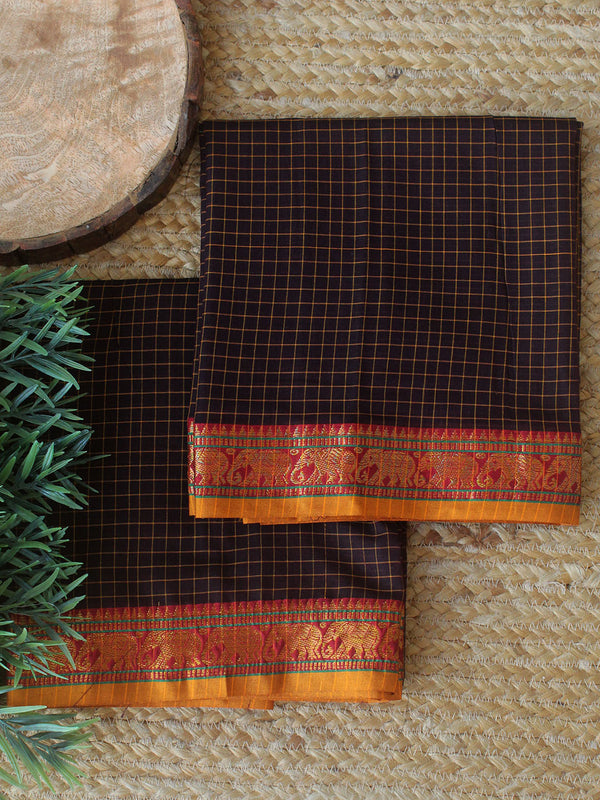 Brown Checks Dharwad Cotton Dress Material With Elephant Border