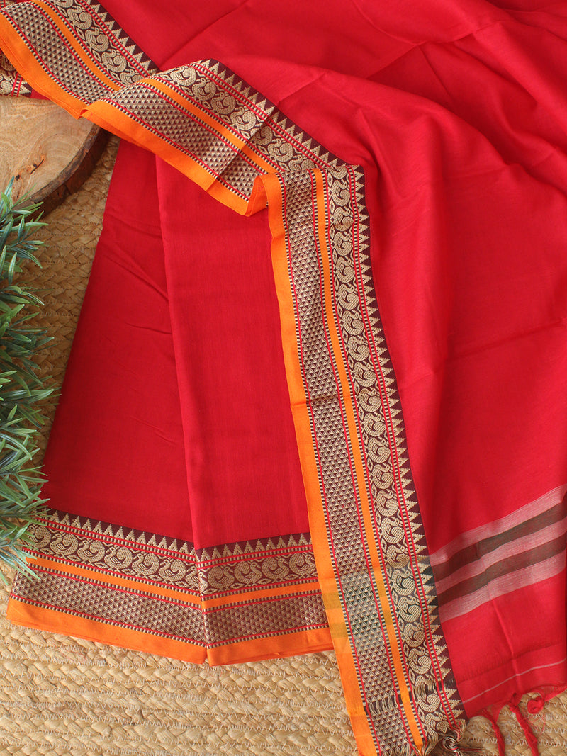 Red Dharwad Cotton Dress Material With Woven Borders