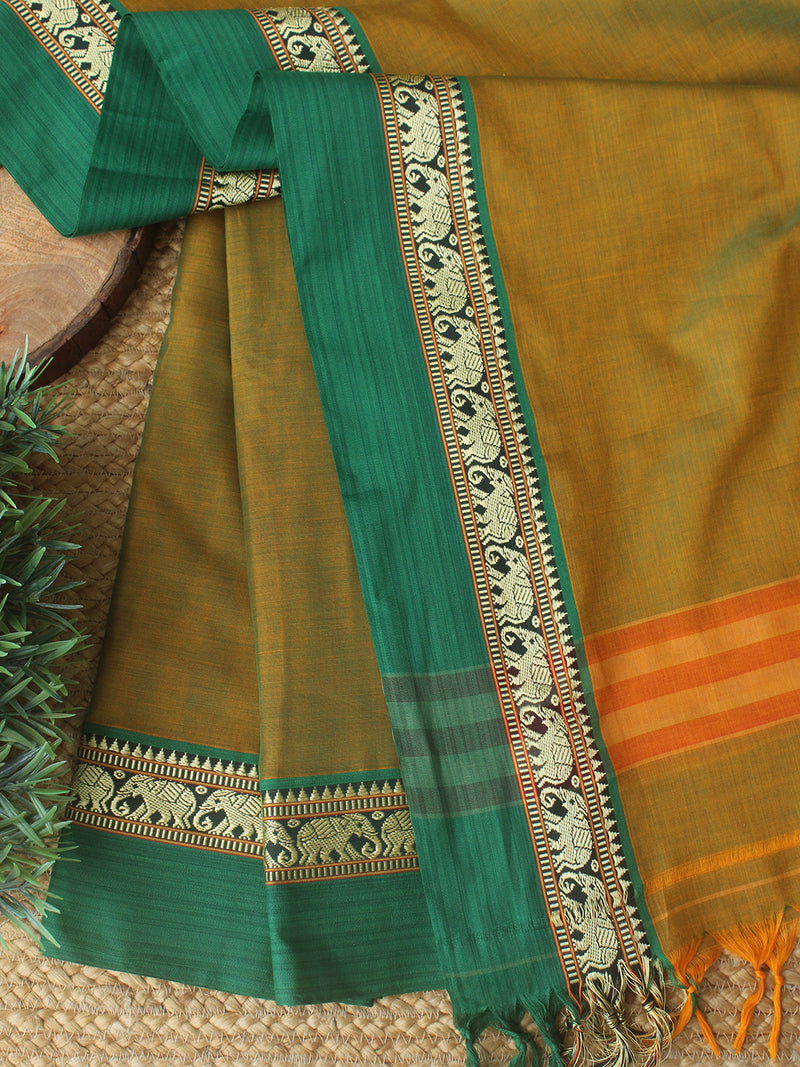 Green and Mustard Dharwad Cotton Dress Material With Elephant Border