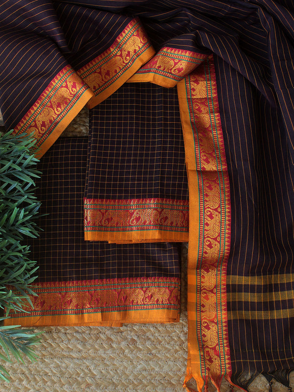 Brown Checks Dharwad Cotton Dress Material With Elephant Border