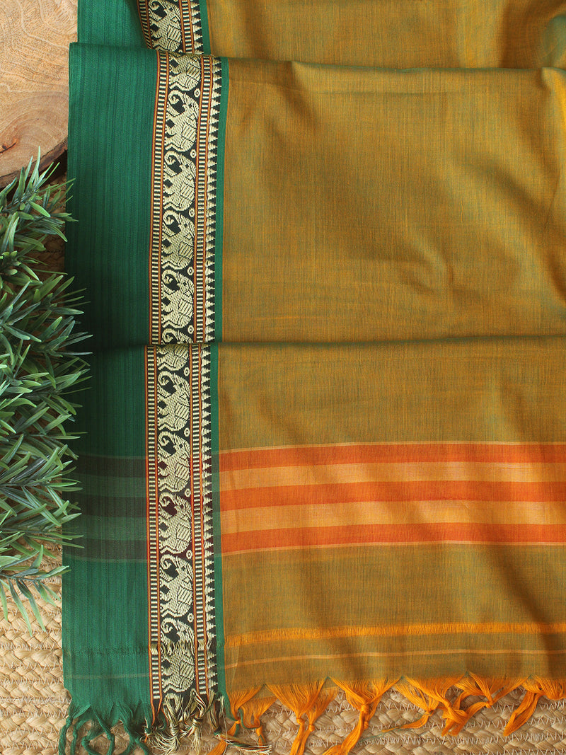 Green and Mustard Dharwad Cotton Dress Material With Elephant Border