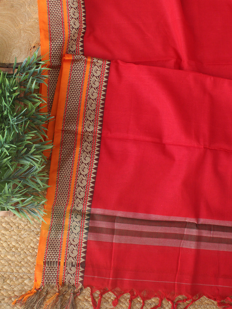 Red Dharwad Cotton Dress Material With Woven Borders