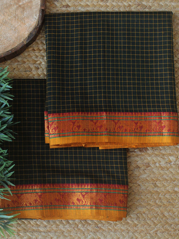 Green Checks Dharwad Cotton Dress Material With Elephant Border