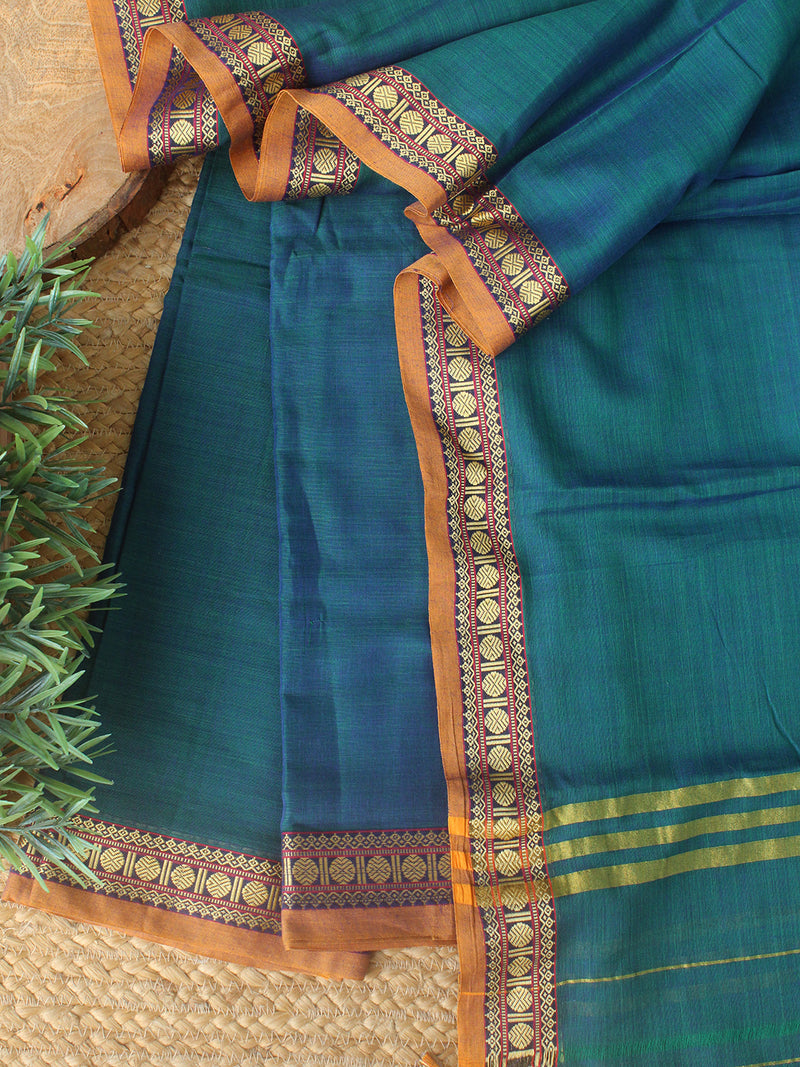 Blue and Green Dharwad Cotton Dress Material With Woven Borders