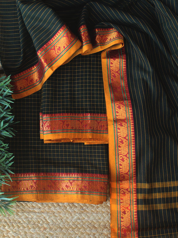 Green Checks Dharwad Cotton Dress Material With Elephant Border