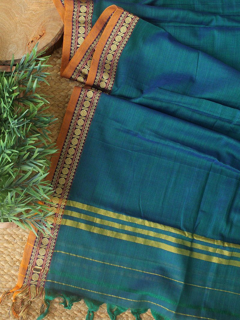 Blue and Green Dharwad Cotton Dress Material With Woven Borders