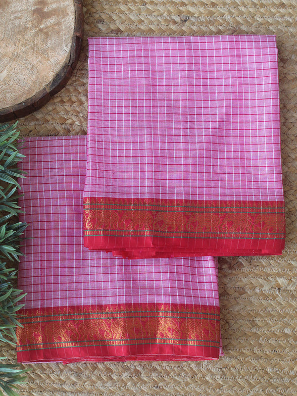 Pink Checks Dharwad Cotton Dress Material With Elephant Border