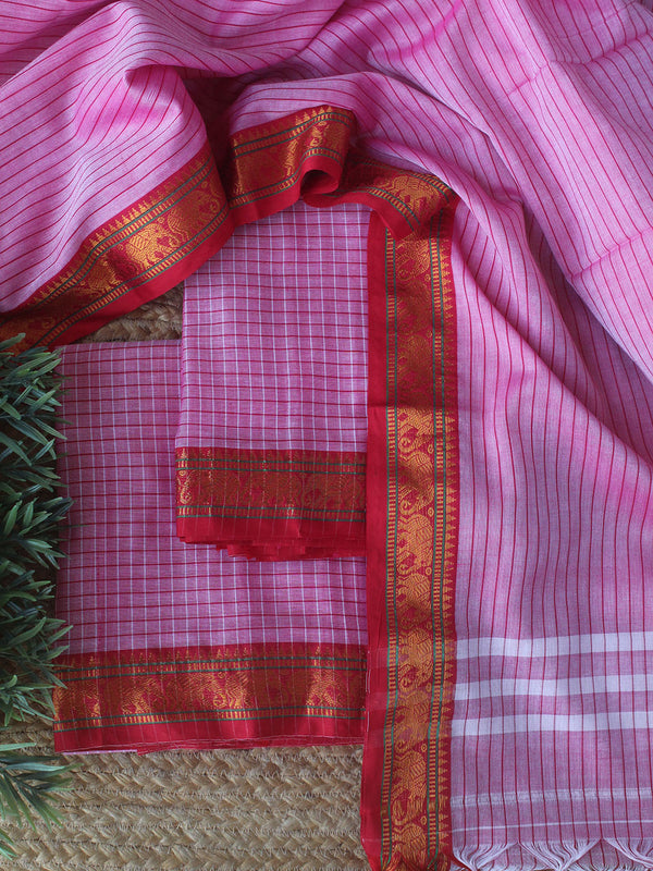 Pink Checks Dharwad Cotton Dress Material With Elephant Border