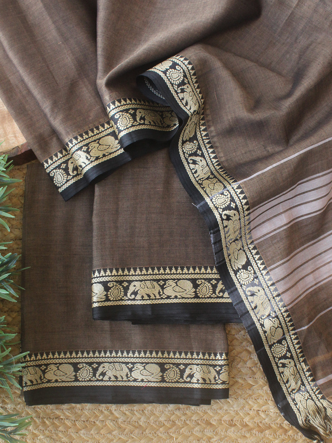 Beige and Black Dharwad Cotton Dress Material With Woven Border ...