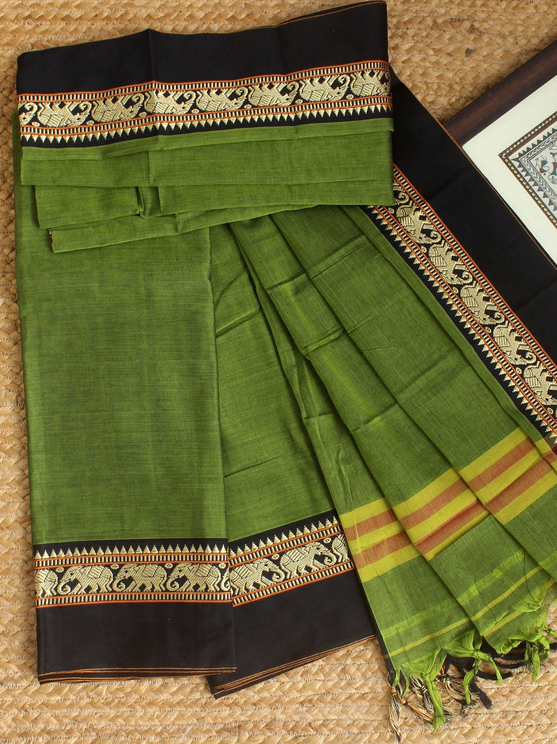 Green Dharwad Cotton Dress Material With Elephant Borders – Weaves of Tradition