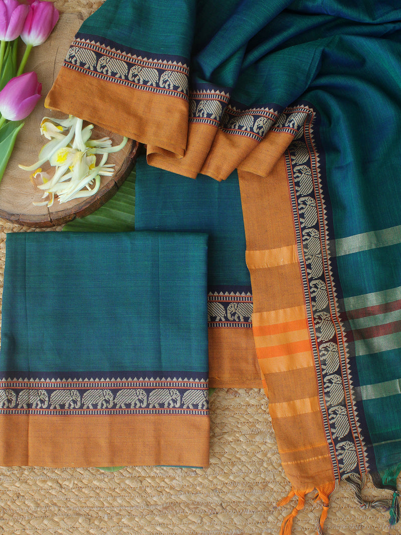 Blue and Green Dharwad Cotton Dress Material With Elephant Borders
