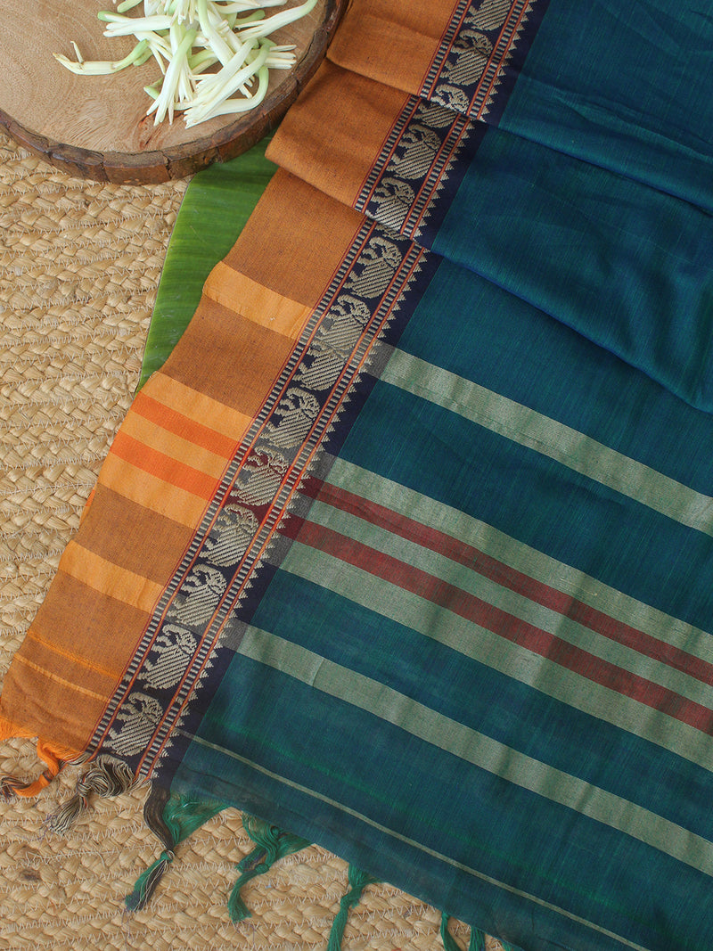 Blue and Green Dharwad Cotton Dress Material With Elephant Borders