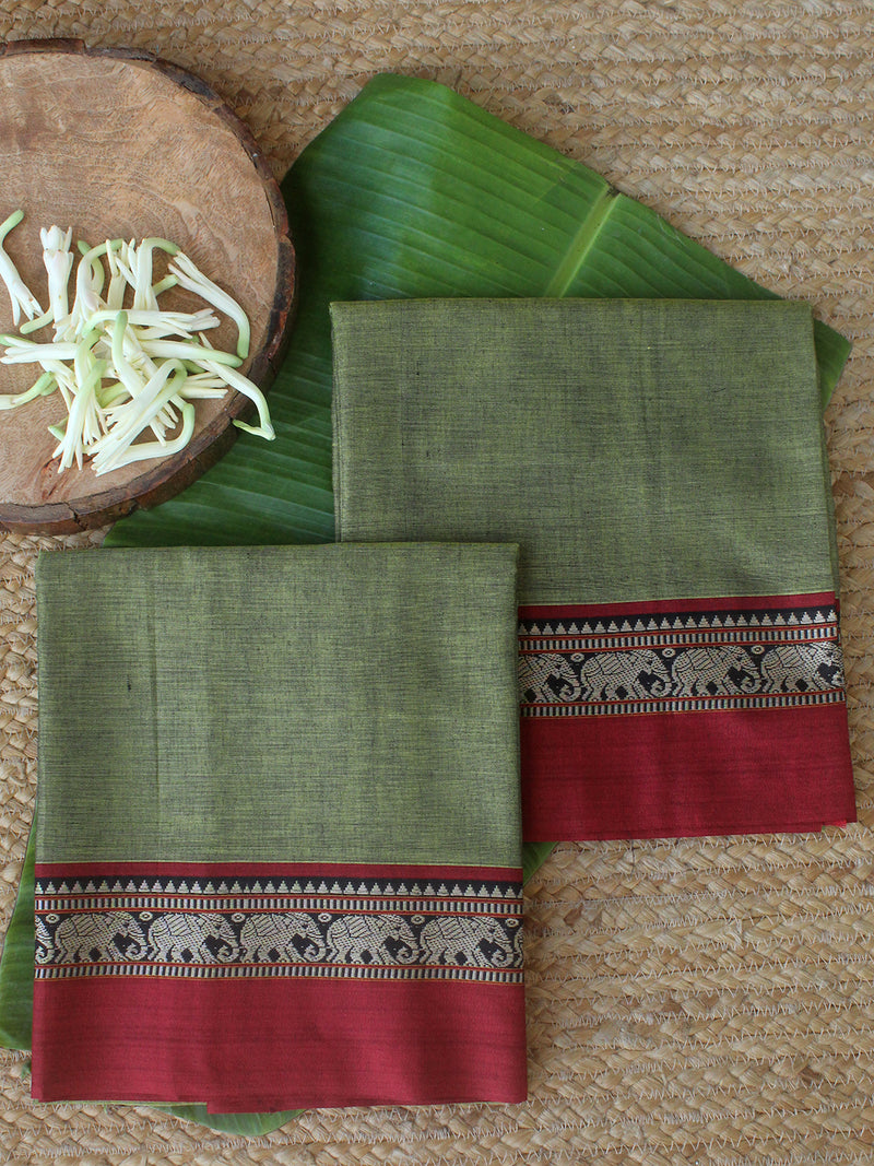 Green Dharwad Cotton Dress Material With Elephant Borders