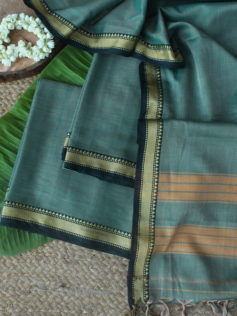 Green and Beige Dharwad Cotton Dress Material With Woven Borders