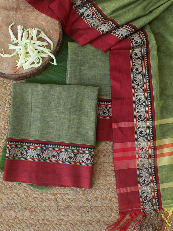 Green Dharwad Cotton Dress Material With Elephant Borders