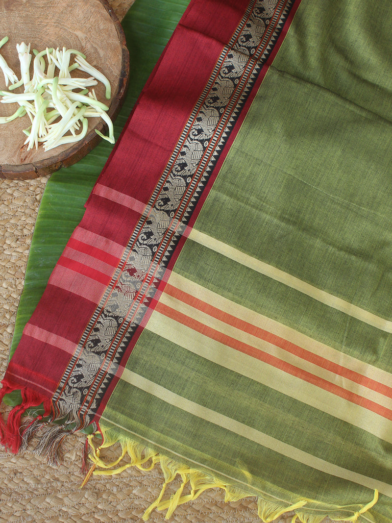 Green Dharwad Cotton Dress Material With Elephant Borders
