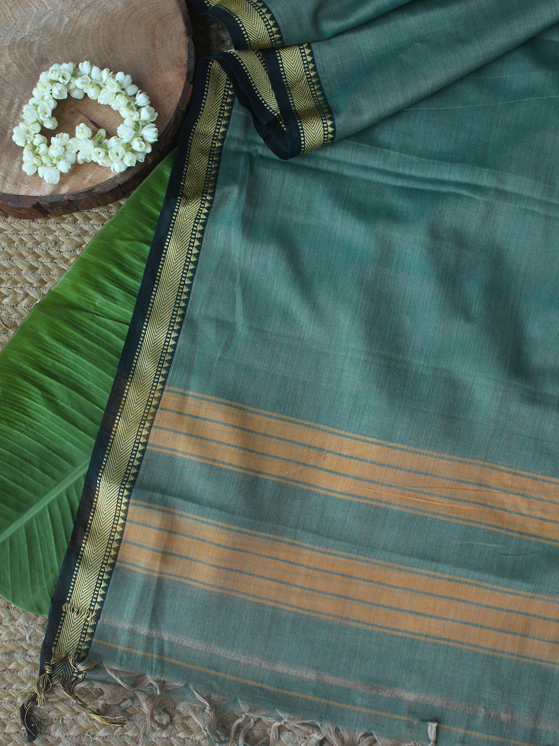 Green and Beige Dharwad Cotton Dress Material With Woven Borders