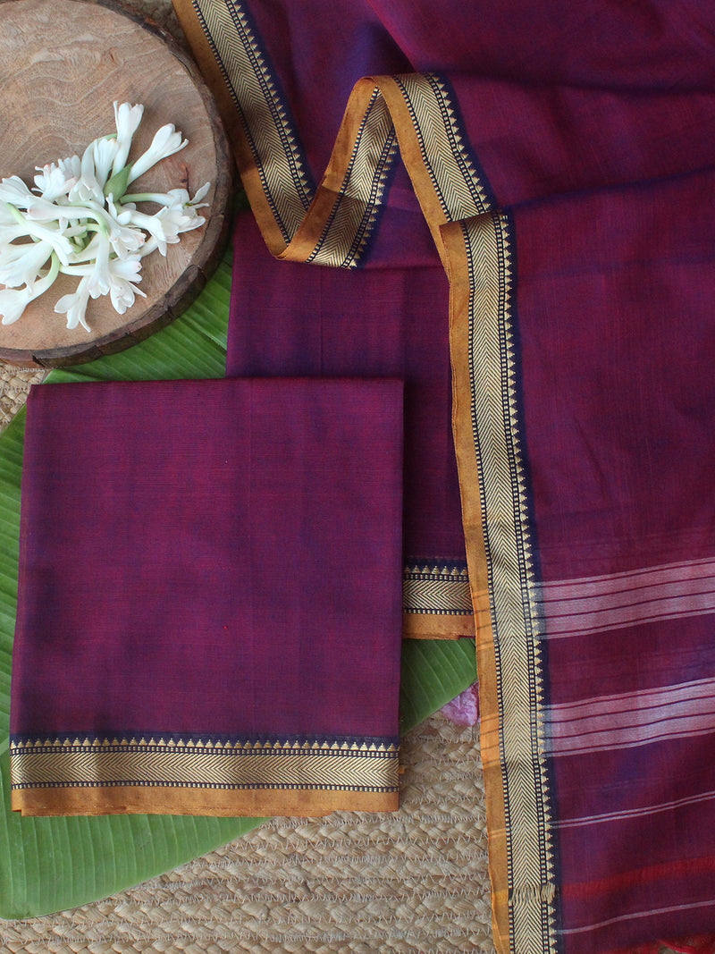 Purple Dharwad Cotton Dress Material With Woven Borders