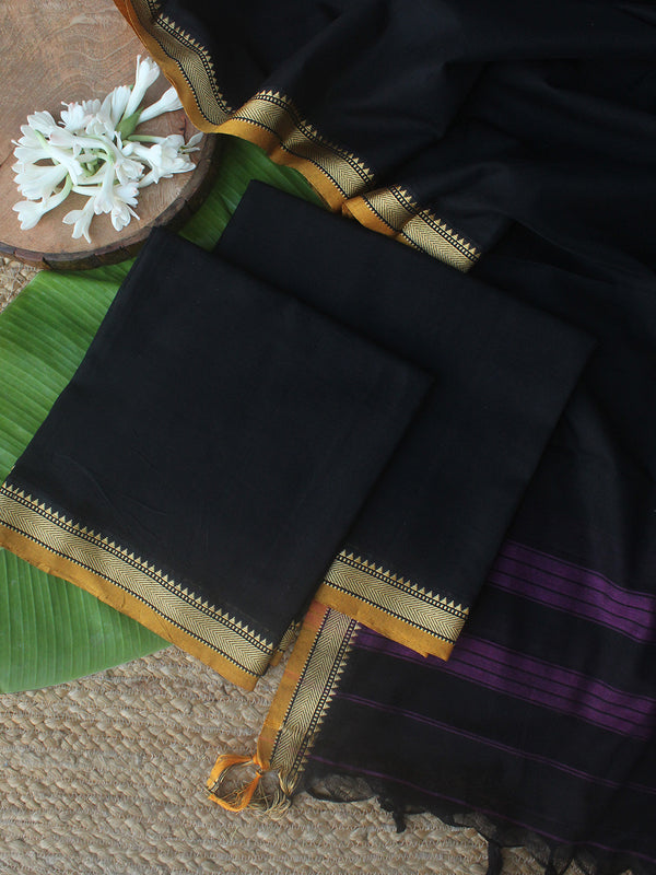 Black Dharwad Cotton Dress Material With Woven Borders
