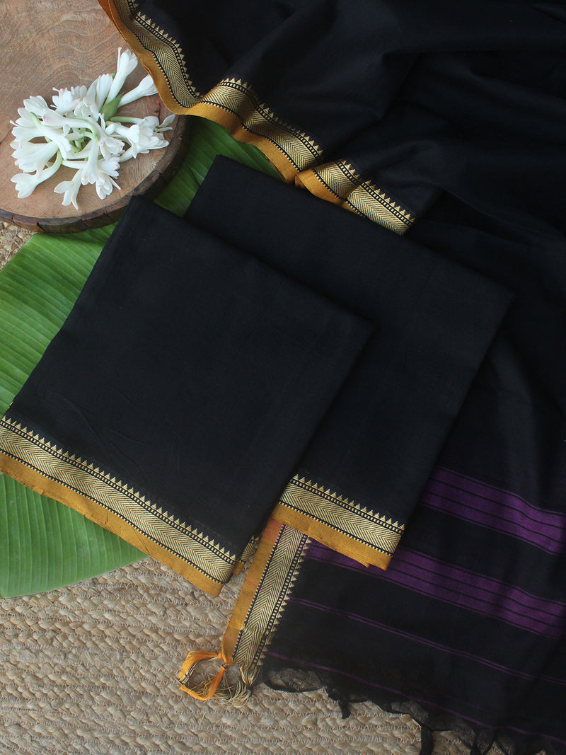 Black Dharwad Cotton Dress Material With Woven Borders
