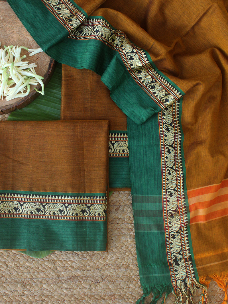 Mustard Dharwad Cotton Dress Material With Elephant Borders