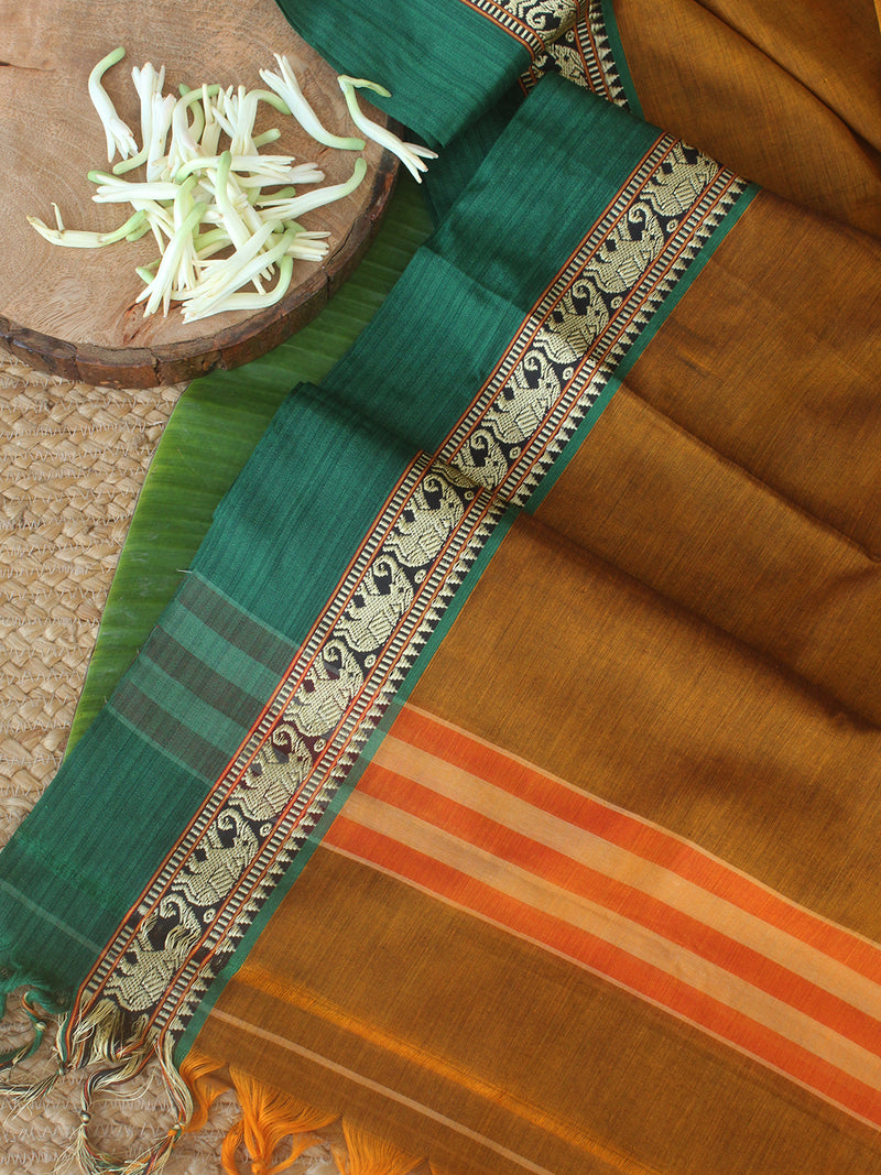 Mustard Dharwad Cotton Dress Material With Elephant Borders